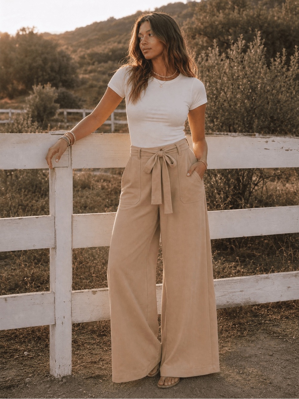 HYFVE Wide Leg Tie-Waist Pants in Beige SMALL